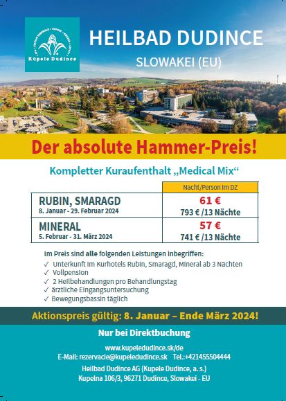 Heilbad Dudince mit Hammerpreis bei Kuraufenthalt Jänner bis März 2024